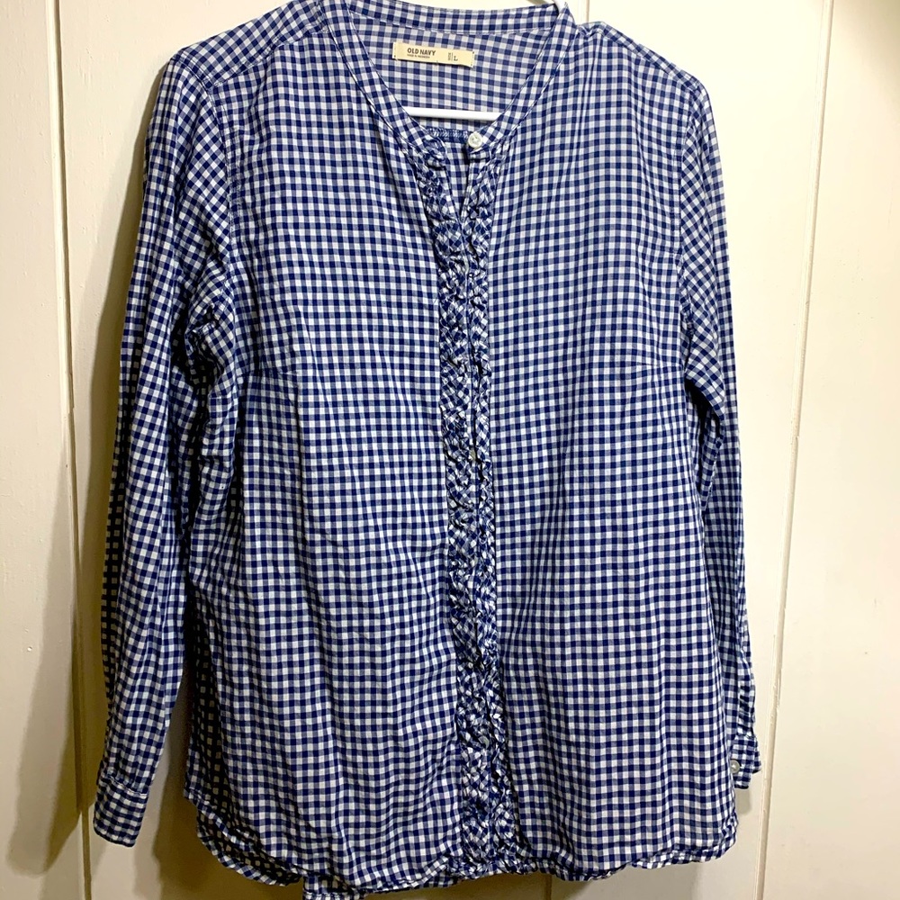 Blue and White Checkered Ruffle Button-Down